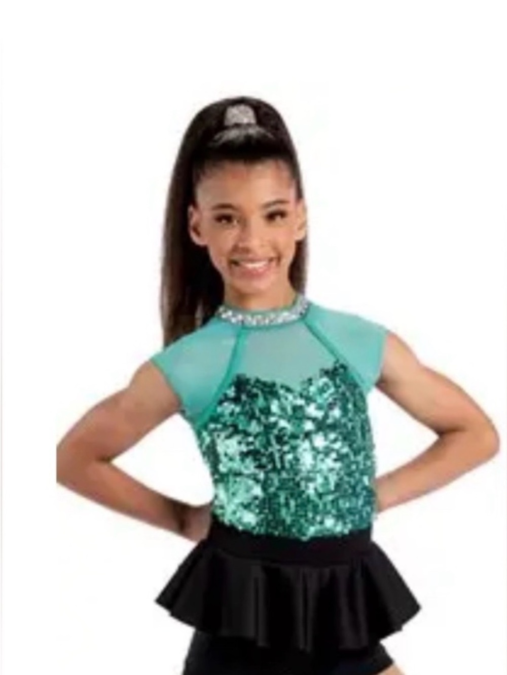 Weissman Sparkling Teal Girls' Dance Costume with Peplum Skirt